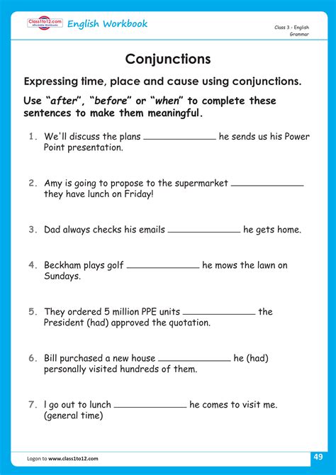Conjunction Class 3 English Grammar Worksheet | Class1to12 - Worksheets Library