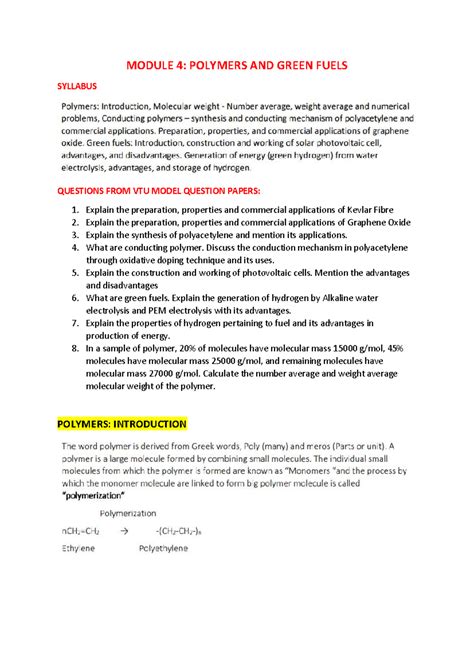 Module 4: Polymers & Green Fuels Lecture Notes and Syllabus - Studocu