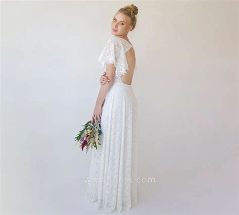 Ivory Lace Short Flutter Sleeve Open Back Bridal Dress - Lunss