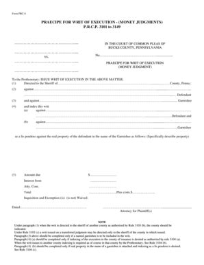 Fillable Online buckscounty Praecipe for writ of execution - Bucks ...