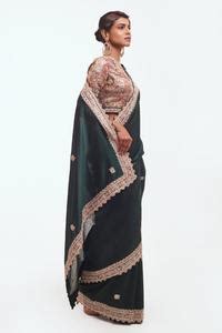 Buy Green Chanderi Embellished Zardozi And Aari Work V Neck Saree ...