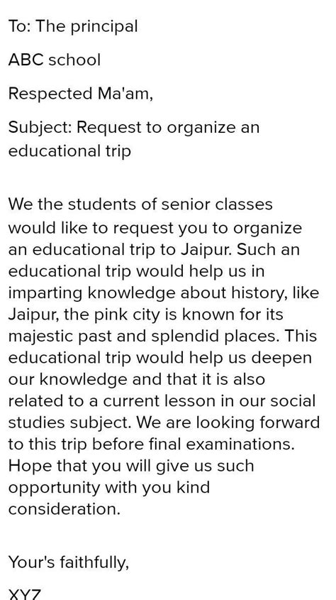 write a letter to your school principal for organising a field trip for ...