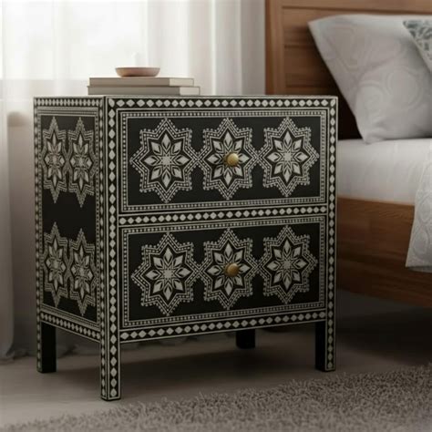Handmade Black Bone Inlay Nightstand | Star Pattern Bedside End Table ...