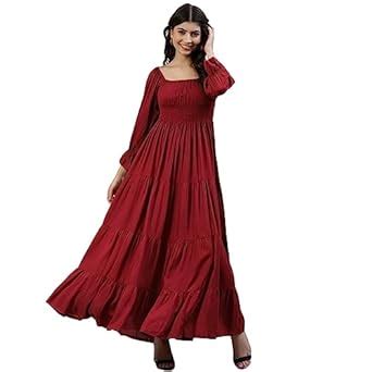 Buy DEEBACO Women's Solid Rayon Smocking TieMaroon Dress for Women ...