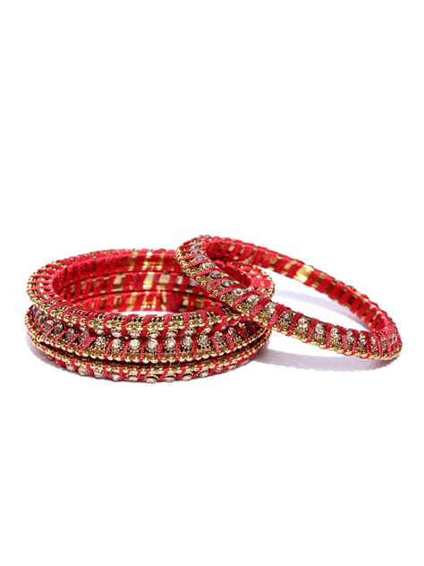 Buy Priyaasi Silk Threaded & Gold Plated Stone Studded Bangle Set For ...