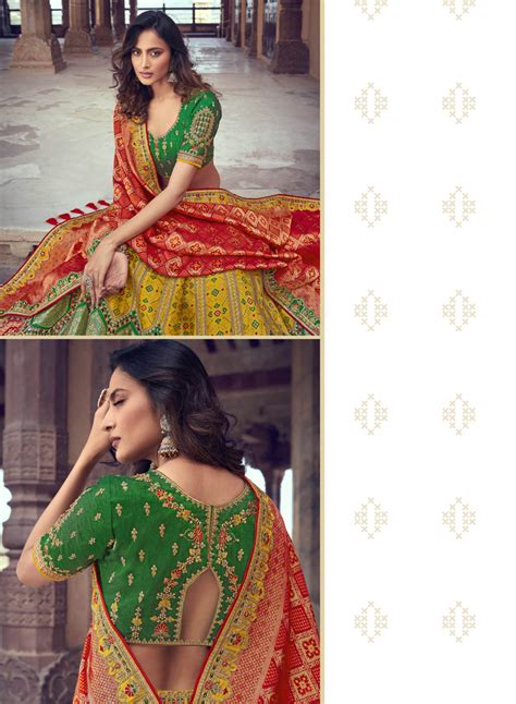 Tuscany Mustard Yellow & Red Banarasi Silk Lehenga Choli With Khatli W ...