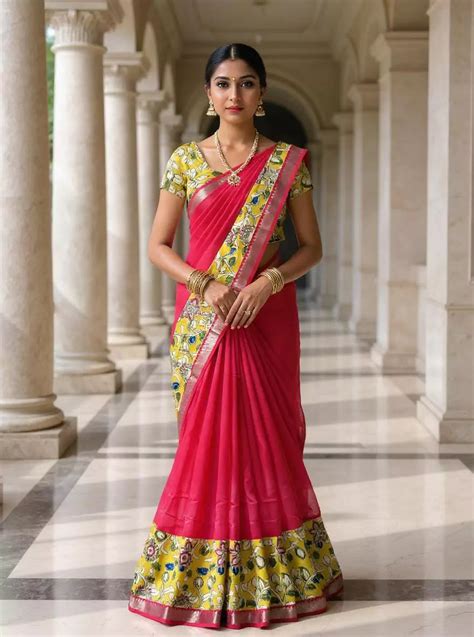 Mangalagiri Silk Plain Dark Pink Saree with Kalamkari Border – RS Brothers