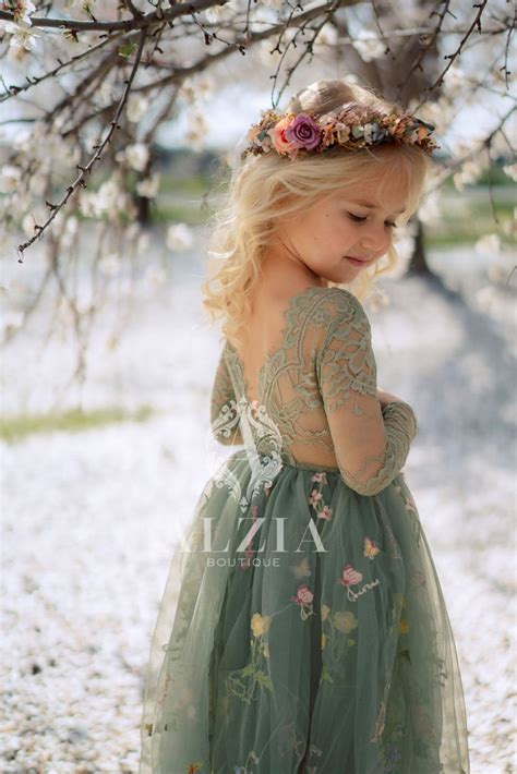 Long Sleeves Floral Embroidered Tulle Flower Girl Dress, Easter Girls ...