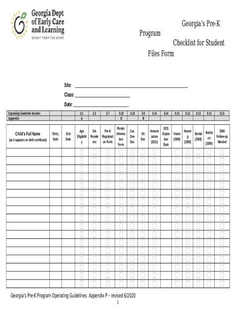 Georgia Pre-K Student Files Checklist Form - Blank Fillable Template ...