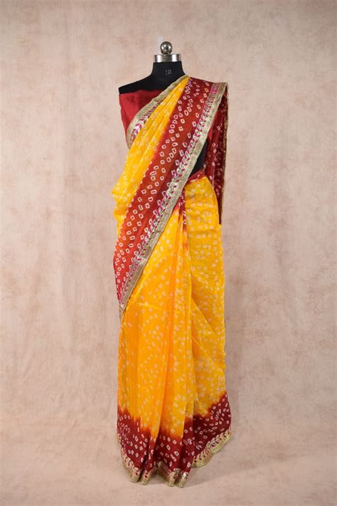 Red yellow dying taffeta silk bandhani saree – KANHASAREE