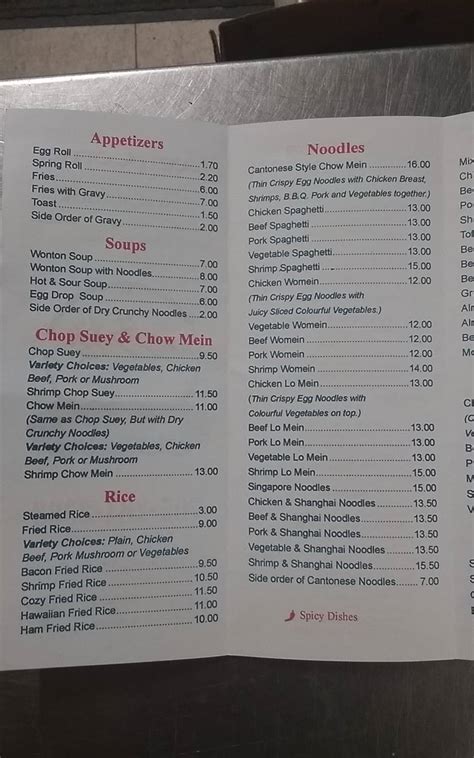 Menu at Cozy Corner Restaurant, Timmins