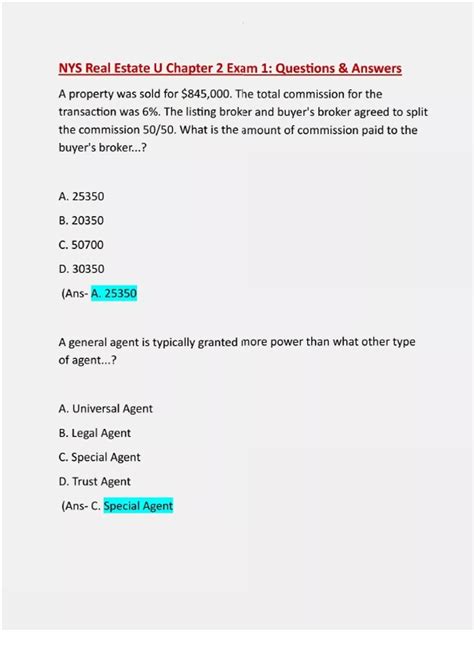 NYS Real Estate U Chapter 2 Exam 1: Questions & Answers: Latest Updated ...
