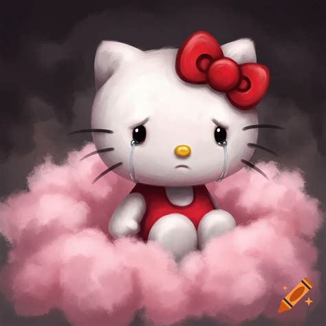 A sad Hello Kitty with tears in her eyes sits in pink clouds. on Craiyon