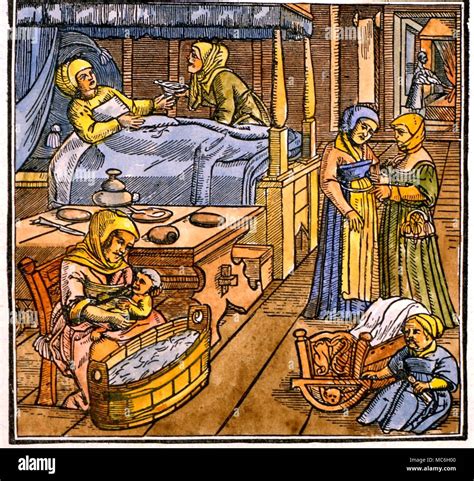 HEALTH - MIDWIVES ATTENDING BIRTH. After a woodcut illustrating the ...