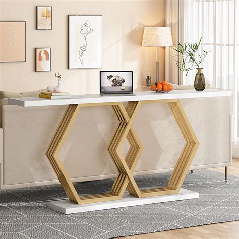 Console Table, 178 CM Faux Marble Entryway Table with Geometric Metal ...