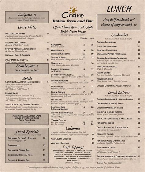 Crave Italian Oven & Bar menu in Myrtle Beach, South Carolina, USA
