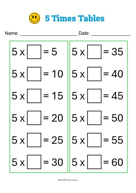 Free Five Times Tables Worksheets (8 Versions) - Teach Prints