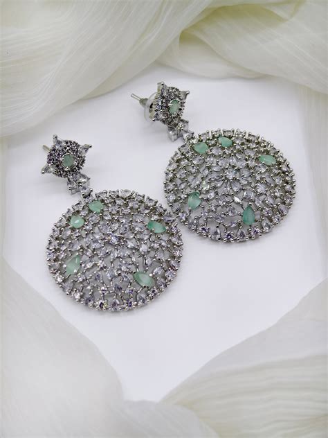 Pastel Green & White Stone American Diamond Earrings – Shinysaga