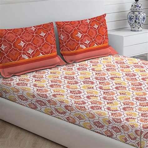 Buy LAYERS Colarado Orange Printed Cotton Queen Bedsheet Set ...