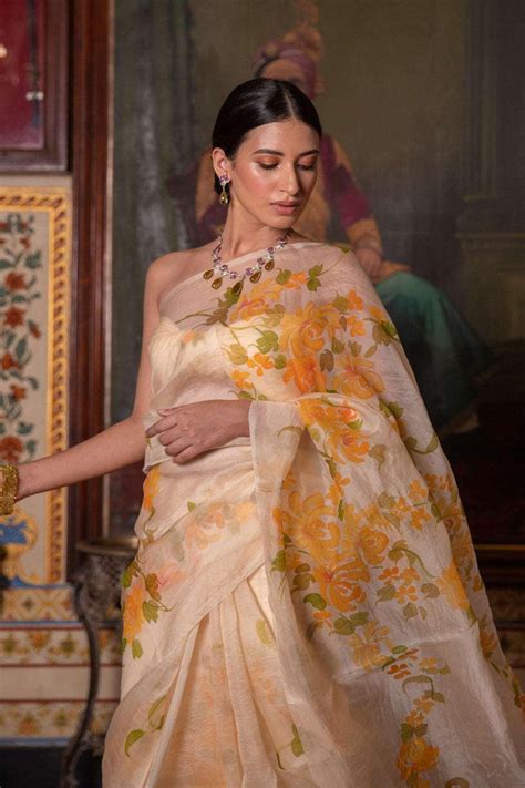 Beige Hand Painted Pure Organza Saree – Geroo Jaipur