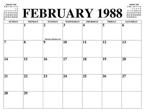 FEBRUARY 1988 CALENDAR OF THE MONTH: FREE PRINTABLE FEBRUARY CALENDAR ...