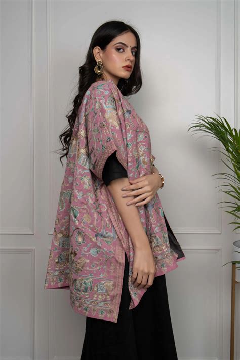 Pink Elephant and Peacock Motifs Jaal Nalki embroidery Fine Wool Blend