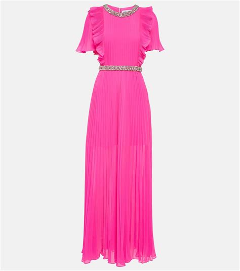 SELF-PORTRAIT Embellished Plissé Chiffon Maxi Dress in Pink | endource