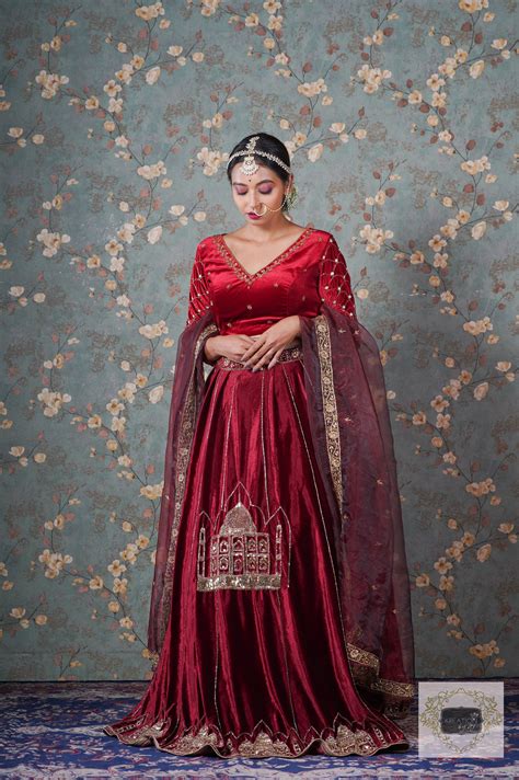 Burgundy Velvet Taj Mahal Lehenga Set – kreationbykj