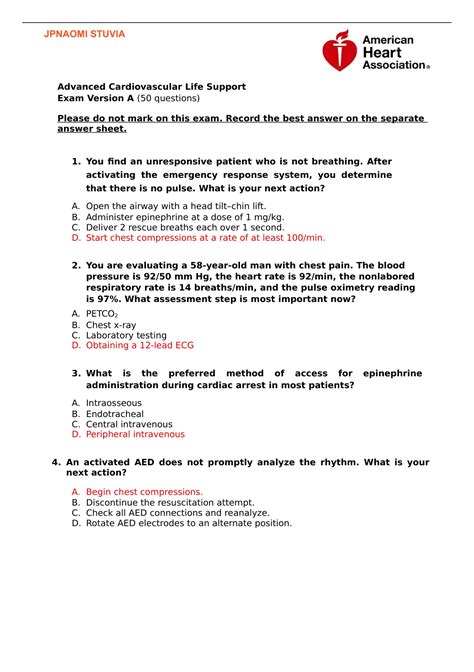 BUNDLE!!! ACLS Exam Version A&B AND ACLS PRE-TEST ASSESSMENTS latest ...