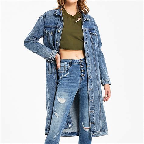 Qetyuw Womens Classic Long Jean Jackets Plus Size Loose Long Sleeve ...