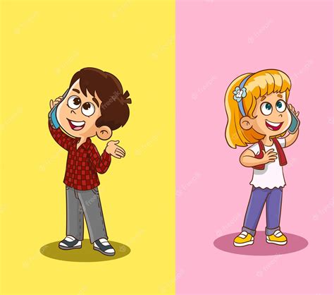 Premium Vector | Kids girl and boy talking on a mobile cell smart ...