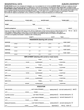 Auburn University Biographical Data Form - Blank Fillable Template ...