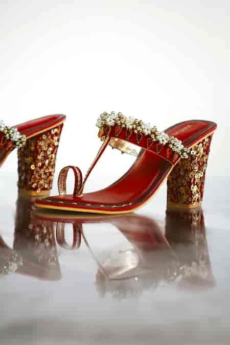 Buy Red Embroidery, Pearls, Sequins Kolhapuri Leather Block Heels by ...