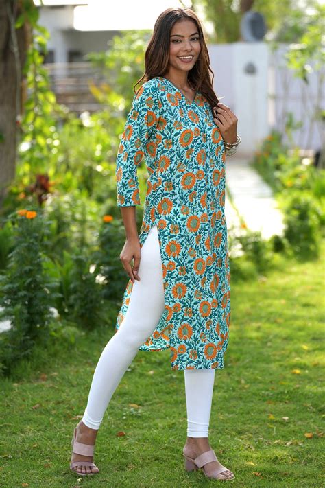 Orange-infused Verde Handblock Printed Cotton Kurti