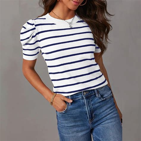 Tugoxie Ladies Summer Tops Short Sleeve Blue Striped Fashion Striped T ...