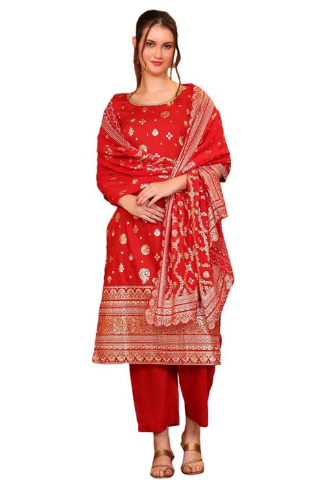 Buy Aurelia Women’s Abstract Printed Tape Ornamented Straight Red Kurta ...