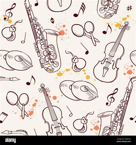 Seamless pattern with saxophone and violin. Hand drawn background with ...