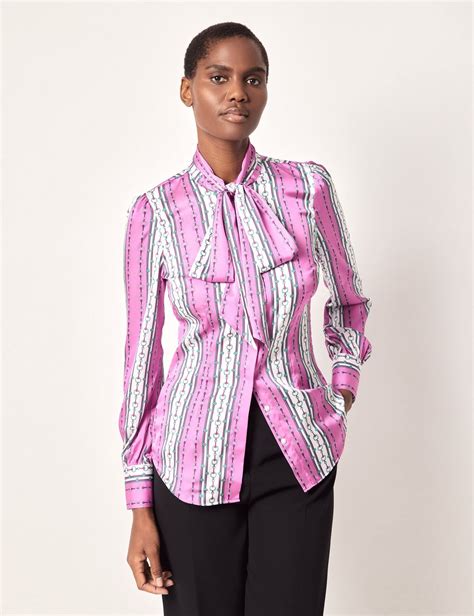 Women's Pink & White Chain Stripe Satin Pussybow Blouse | Hawes & Curtis