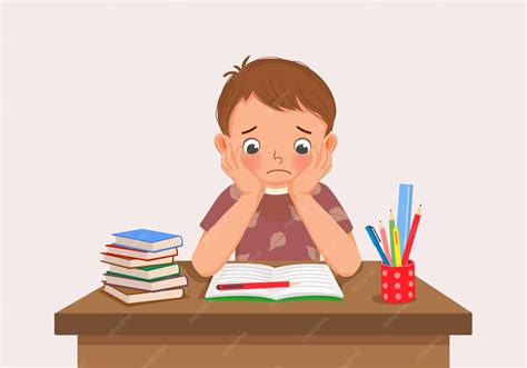 Premium Vector | Cute little boy feeling stress tired and bored studying doing homework on the desk