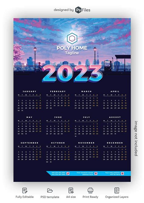 Dark Wall Calendar 2023 Photoshop PSD Template Free File - PsFiles