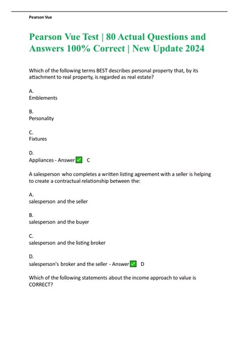 Pearson Vue Test | 80 Actual Questions and Answers 100% Correct | New ...