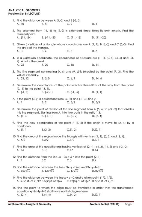 Analytical Geometry PS-8( Lecture) - ANALYTICAL GEOMETRY Problem Set 8 ...