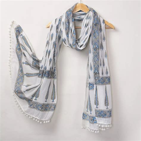 Hand Block Printed Gray Leaf Pure Cotton Dupatta for Girls – Dmaasa