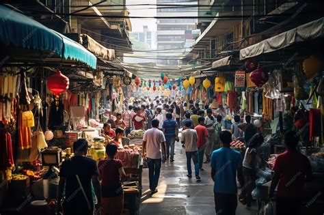 Premium AI Image | Crowded Market Scene with Colorful Stalls and People