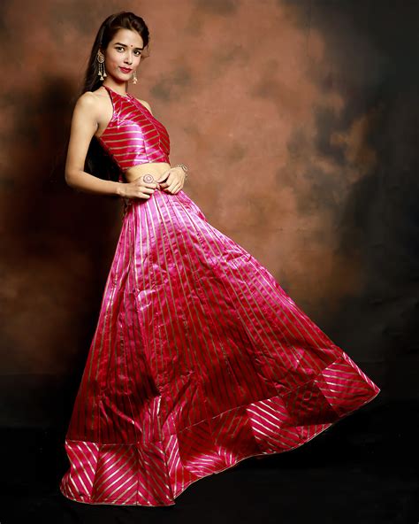 Banarasi Silk Satin Striped Pink Lehenga Set With Designer Blouse – SILKFAB