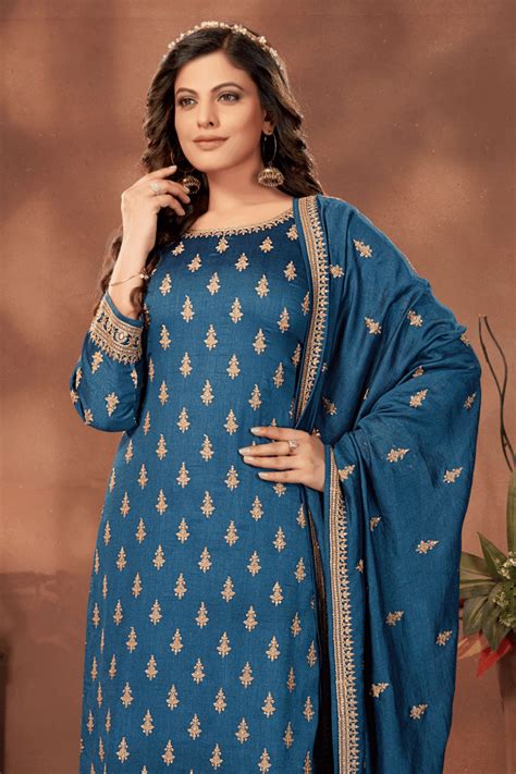 Teal Blue Thread and Sequins work Straight Cut Salwar Suit – Seasons ...