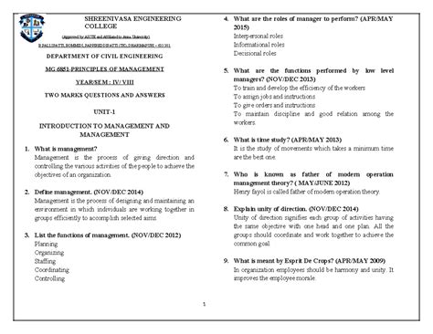 2 Marks Questions and Answers on Management Concepts (POM) - Studocu