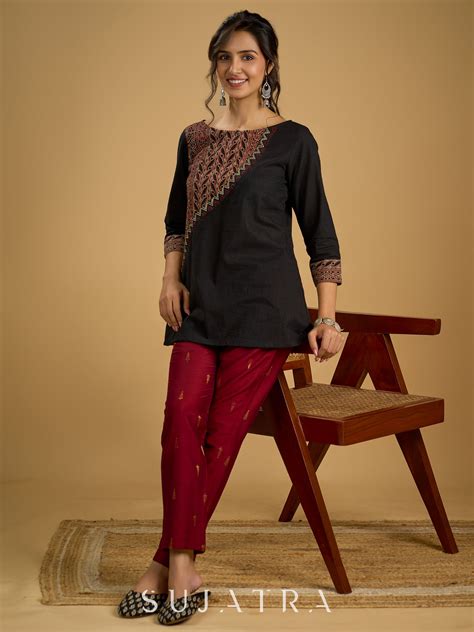 Graceful hand painted cotton ajrakh combination black top - Pant optio ...