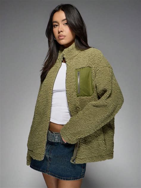 MISSGUIDED Chunky Sherpa Teddy Bear Zip Up Bomber Fleece Jacket Winter ...