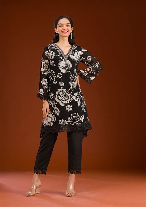 Buy Black Cutdana Semi Crepe Readymade Salwar Suit - Koskii